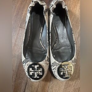 Tory Burch Reva Faux Snakeskin Pattern Flats with Black and Cream Accents